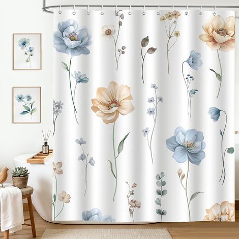 Rideau de Douche 180 x 180 cm Aquarelle Fleurs Bleu Beige Printemps Moderne Rideaux de Baignoire Tissu Polyester Imperméable pour Salle de Bain Lavable en Machine avec 12 Crochets (1/5)