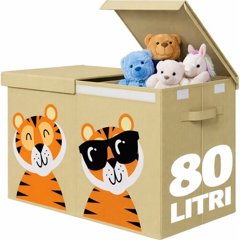 Box Contenitore Giocattoli con Animali Doppio Pieghevole 80L Beige Salvaspazio