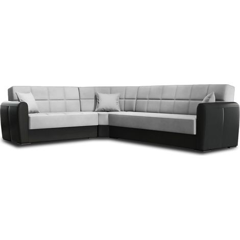 Dmora - Divano letto con penisola Gaillardia, Divano contenitore in ecopelle e tessuto, Sofà con apertura click-clack, 305x238h91 cm, Nero e Grigio Chiaro