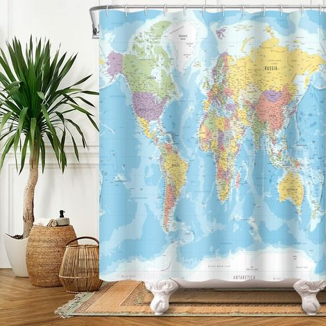 175x190cm Monde Carte Rideau de Douche Pays et Villes Géographie Éducatif Bleu Océan Continents Tissu Étanche pour Salle de Bain avec Crochets (1/5)