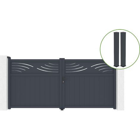Portail battant 3,4m HALTI H.160cm alu + 2 poteaux EIFEL 15x15cm H.190cm GRIS (1/5)