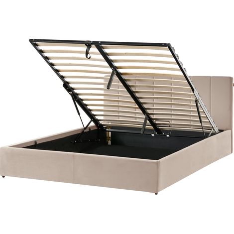 Cama con somier de terciopelo gris pardo 160 x 200 cm cabecero abatible espacio de almacenaje Dreux