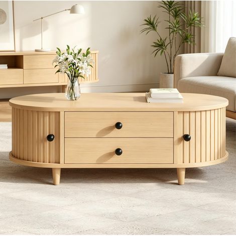 Table basse en MDF et bois massif 100x50x36 cm décor bois naturel avec portes tambour et 2 tiroirs (1/5)