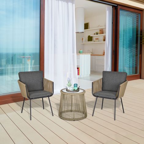 Conjunto de 2 sillones de exterior con mesa de centro en ratán sintético, estilo bohemio, color caqui y gris. (1/5)