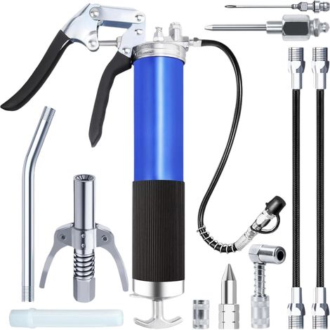 Grease Gun for Grease Nipples, Heavy Duty Lubricator 10 Pieces, Grease Gun Set with Grease Gun Mouthpiece, Flex Hose and Metal Tube, One-Hand Grease Gun for Automotive and Marine (1/5)