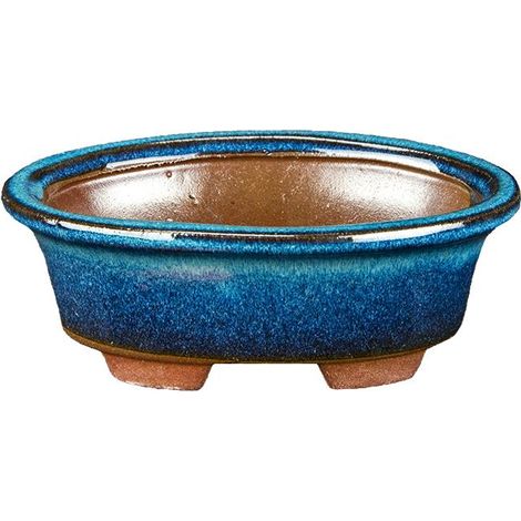 Vaso per bonsai ovale in gres smaltato blu-verde scuro 11x7x3,5 cm - XC022