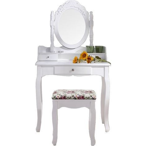 Coiffeuse blanche avec tabouret et miroir 35 / table de maquillage (1/4)