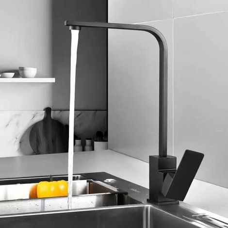 Robinet De Cuisine - Bec Pivotant Carré - Rotation 360° - Finition Noire - Cuivre - 1 Pièce (1/5)