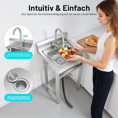 Lavabo en acier inoxydable avec robinet, évier commercial pour restaurant, évier extérieur pour hôtel, maison, bar, buanderie, cave, garage (1/5)