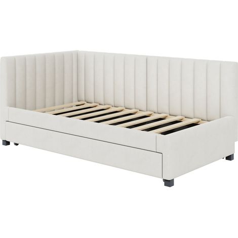 Lit de jour capitonné 90x200 avec lit gigogne, canapé-lit velours style moderne beige gris