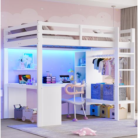 Bett Hochbett Stauraum 140x200 mit Schreibtisch Weiß HAVRYA (1/5)