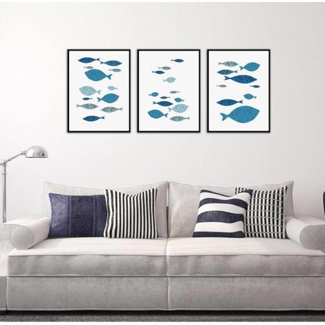 3er-Set dekorative Leinwanddrucke, Cartoon-Fischmotiv, Wanddekoration für Wohnzimmer, Büro, Zuhause (1/5)