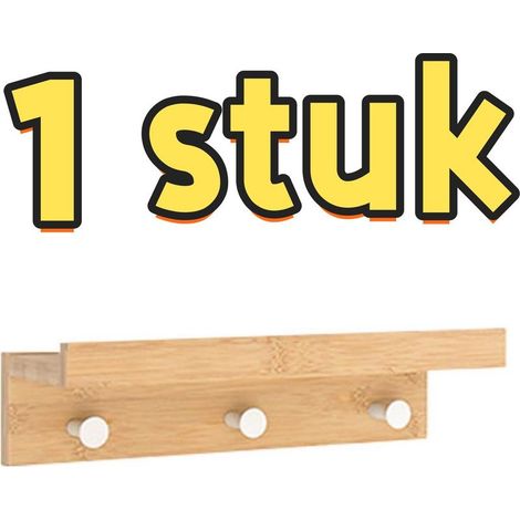 Wooden wall hook with 3 hooks, no drilling required, 38 x 11 x 14 cm, for wardrobes, shoes, bags and clothes racks, natural wood color (1/5)