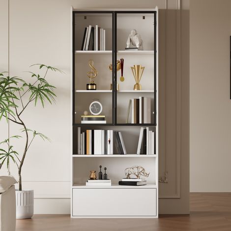 MEUBLIV Vitrina 80x34x180 cm blanca – almacenamiento con LED, 1 cajón y puertas de vidrio (1/5)