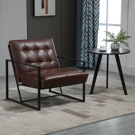 Chesterfield-Loungesessel, bequemer Sessel, gesteppte Sitzfläche und Rückenlehne, schwarzes Metallgestell, schokoladenbrauner Kunstlederbezug