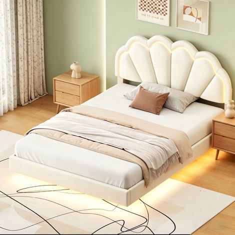 Cama de adulto de 140x200 cm, tapizada en terciopelo beige, con iluminación LED multicolor ajustable. Robusta y duradera. Diseño moderno para una habitación de adulto.