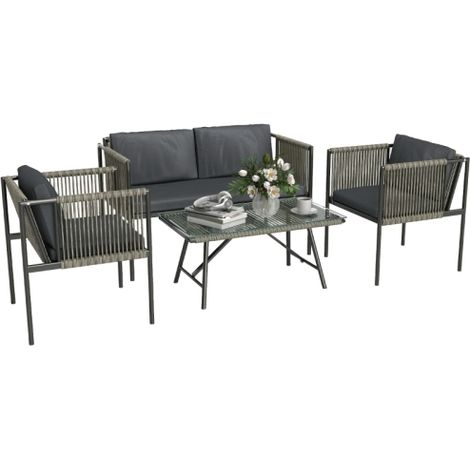 Salon de jardin 4 places avec coussins confortables, canapé 2 places + 2 fauteuils et table basse gris (1/5)