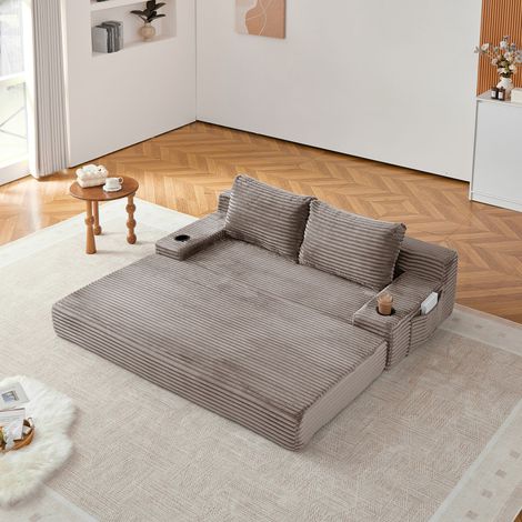 Canapé convertible en velours côtelé, couchage 2 en 1, accoudoirs avec porte-gobelets, poches de rangement latérales, 2 coussins décoratifs Brun (1/5)