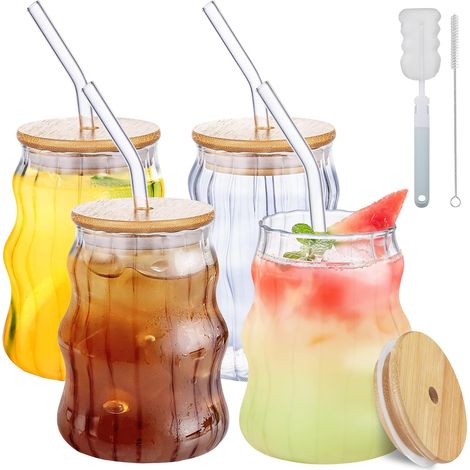Lot de 4 Verre Matcha, 500 ml, Couvercle Bambou, Paille Verre, Nervuré, Pour Café, Thé, Jus (1/5)