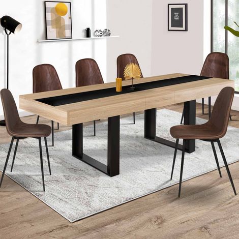 Mesa de comedor extensible PHOENIX 4-8 personas madera y banda central negra 160-200 cm (1/5)