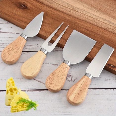 Set de 4 couteaux à fromage pour planche à charcuterie, manche en bois et lames en acier inoxydable, comprenant un mini couteau, un couteau à beurre et une fourchette (1/5)