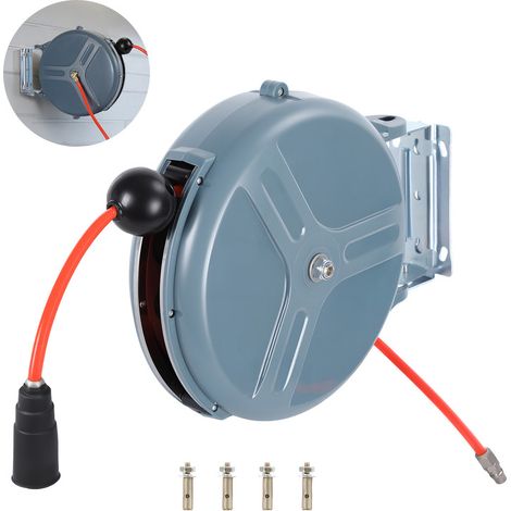 Enrouleur de tuyau d'air, tambour d'air, Raccord rapide, Pression max 20 bar, Support mural pivotant 180°, Enroulement automatique, Équipé d'un tuyau de 15 mètres (1/5)