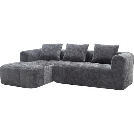 Sofá seccional en L de 3 plazas con chaise longue de chenilla, 3 cojines, gris HOMVRA (1/5)