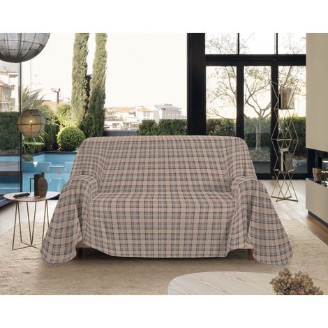 Telo Arredo Made in Italy in Cotone Grandfoulard Copritutto Copridivano Copriletto-Teli Sofà Arredatutto-Drappeggio-Arazzo-Copridivano Grand Foulard Letto Singolo - Tartan Beige