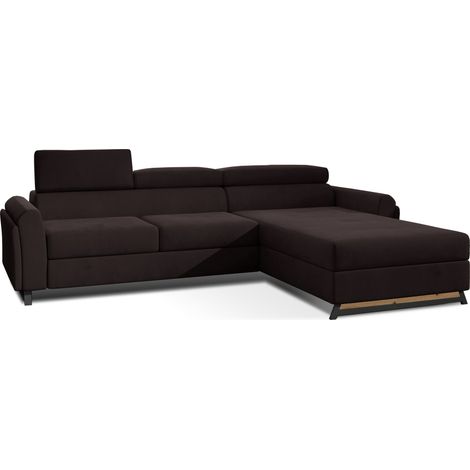 Canapé d’angle convertible MAZALI velours - Appuis-tête réglables et rangement-Marron foncé-Méridienne A droite (1/5)