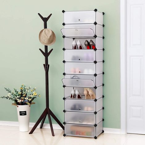 Songmics – Armoire à chaussures modulable en plastique 10 compartiments – Dimensions 43 x 31 x 173 cm – Montage facile – Blanc semi-transparent – LPC10W (1/5)