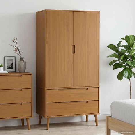 Armoire en pin massif avec penderie et 2 tiroirs caramel 90 x 55 x 175 cm - PANGIVO (1/5)