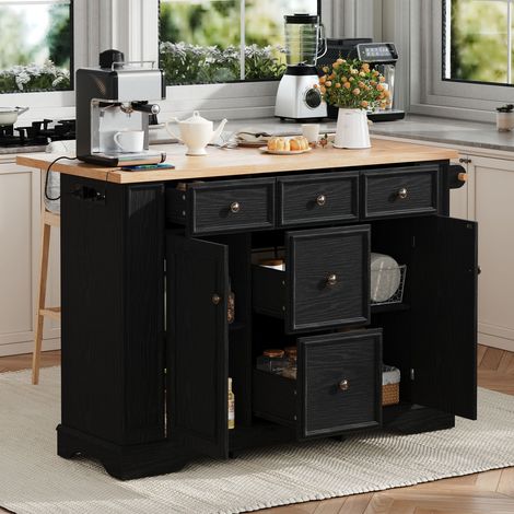Îlot de cuisine extensible noir, avec étagères réglables, tiroirs et multiprises. Autoportant, idéal pour cuisine et salle à manger 130,5x40-65x92cm