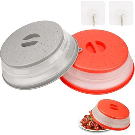 Cloche pour micro-ondes Sosayet, 2 couvercles avec 2 crochets, passoire à vapeur pour fruits et légumes, sans sulfates et non toxique (gris + rouge) (1/5)