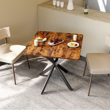 Table carrée industrielle 80x80x75 cm, plateau bois brun, pieds métal noirs, REDOM (1/5)
