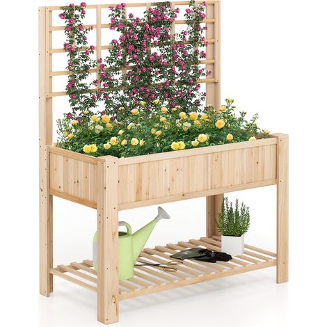 Bac potager surélevé en bois de sapin naturel avec treillis, bac de culture sur pieds, membrane non tissée et drainage pour légumes, aromates et plantes grimpantes (1/5)
