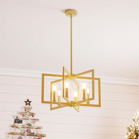 COSTWAY Lustre à 6 Lumières, Suspension Luminaire Géométrique, Hauteur Réglable, Ampoule E14, Lustre pour Salon Cuisine Salle à Manger (Or) (1/5)