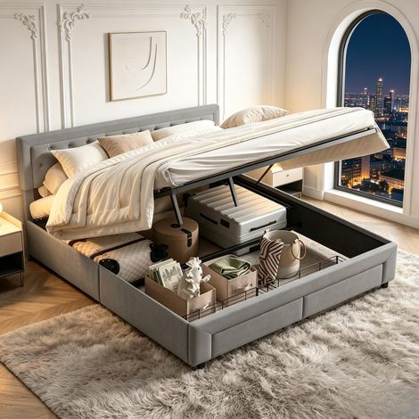 VASIEN – Lit coffre 160x200 cm avec Rangement hydraulique,2 tiroirs,sommier à lattes,lit double adultes,Lit 2 Personnes capitonné,style scandinave,lin - Gris (1/5)