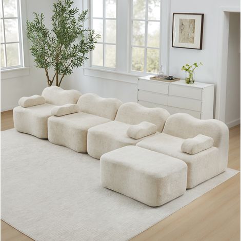 Canapé d’angle modulable 4 places avec ottoman, velours beige, mousse 32D, OKWISH (1/5)
