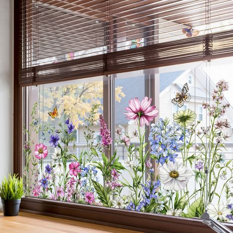 Colorful Butterfly Flowers and Green Plants Electrostatic Window Decal Glass Sticker (1/5)