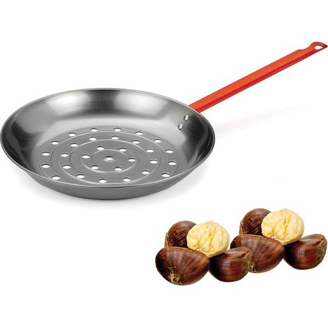 Padella per caldarroste, diametro 26 cm - Salta castagne con manico rosso verniciato, padella forata cuoci castagne (1/5)