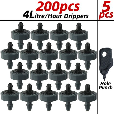 (Goutteur 4 L - 200 pièces) Goutteur d'irrigation goutte à goutte automatique 1/4'' pour jardin, économe en eau, idéal pour serres et bonsaïs. (1/4)