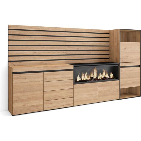 Skraut Home – Buffet moderne en chêne – 274x35x145cm – Meuble de rangement avec cheminée électrique XXL – Commode et meuble à chaussures intégrés (1/5)