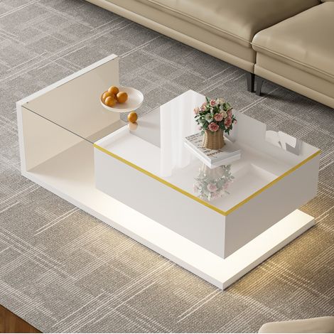 Mesa de centro 100x50x32.5 cm blanca en tablero de partículas con vidrio templado y LED regulable (1/5)