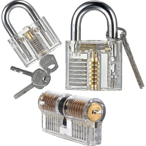 Kit de 3 cadenas d'entraînement, cadenas à clé transparent en cristal pour débutants en serrurerie.