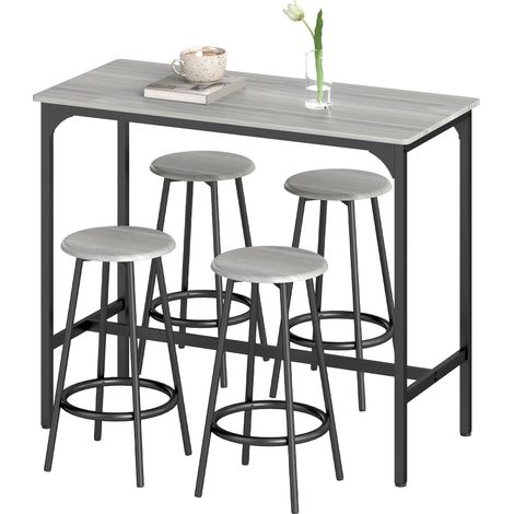 Ensemble table haute 4 tabourets repose-pieds métal noir aspect bois cuisine salle à manger