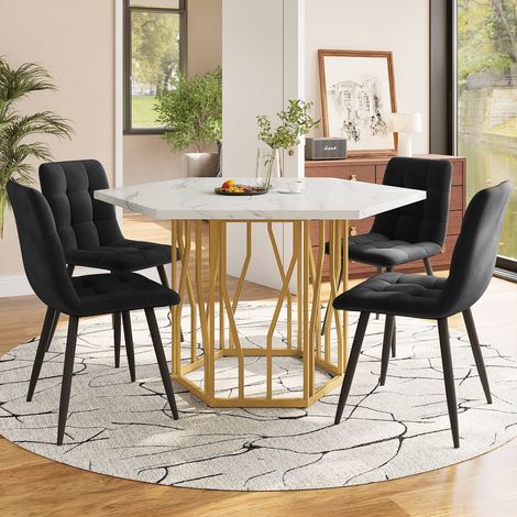 Ensemble de salle à manger avec table hexagonale effet marbre et 4 chaises en velours noir, pieds de table en métal doré, design moderne et chaleureux pour salle à manger (1/5)