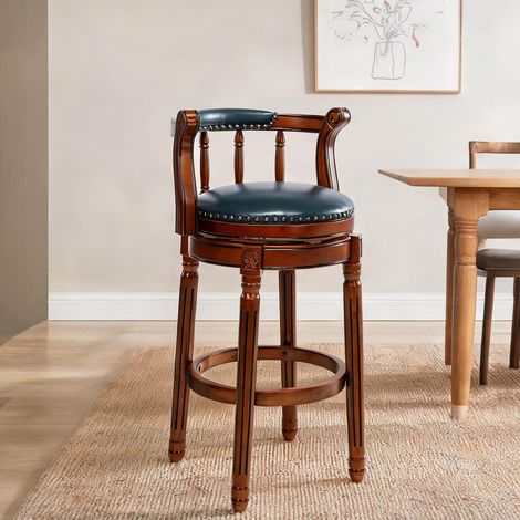 Tabouret de bar pivotant 360° en cuir véritable et bois massif (1/5)