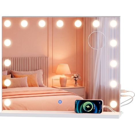 WOLTU Vanity Mirror with Lights USB Port 15 Dimmable Lightbulbs 3 Lighting Modes for Dressing Table Vanity Mirror Makeup Mirror 10x Magnifying Glass Touchscreen 58x46cm White (1/5)