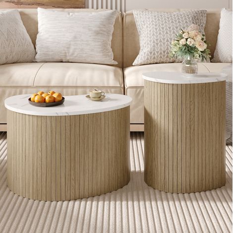 Mesa salón curva bicolor con veteado mármol madera OKMYHOME (1/5)