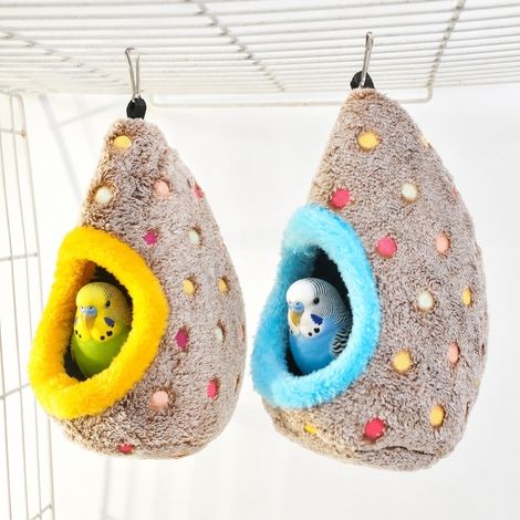 2 Pièces Nids suspendus en peluche, cachettes chaudes en polaire avec bordures jaune et bleue pour perruches et petits oiseaux. (1/5)